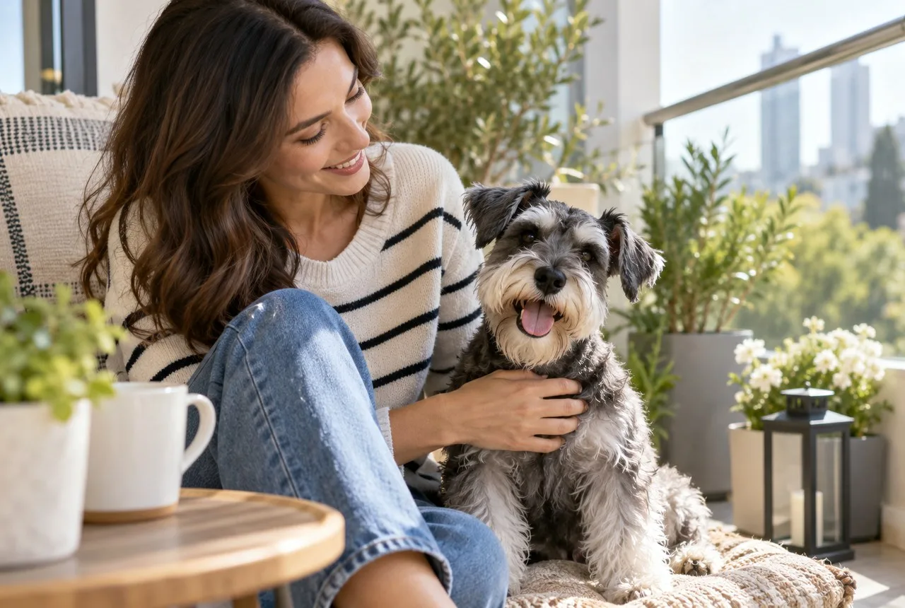 Owner sitting beside a gray bearded dog at home